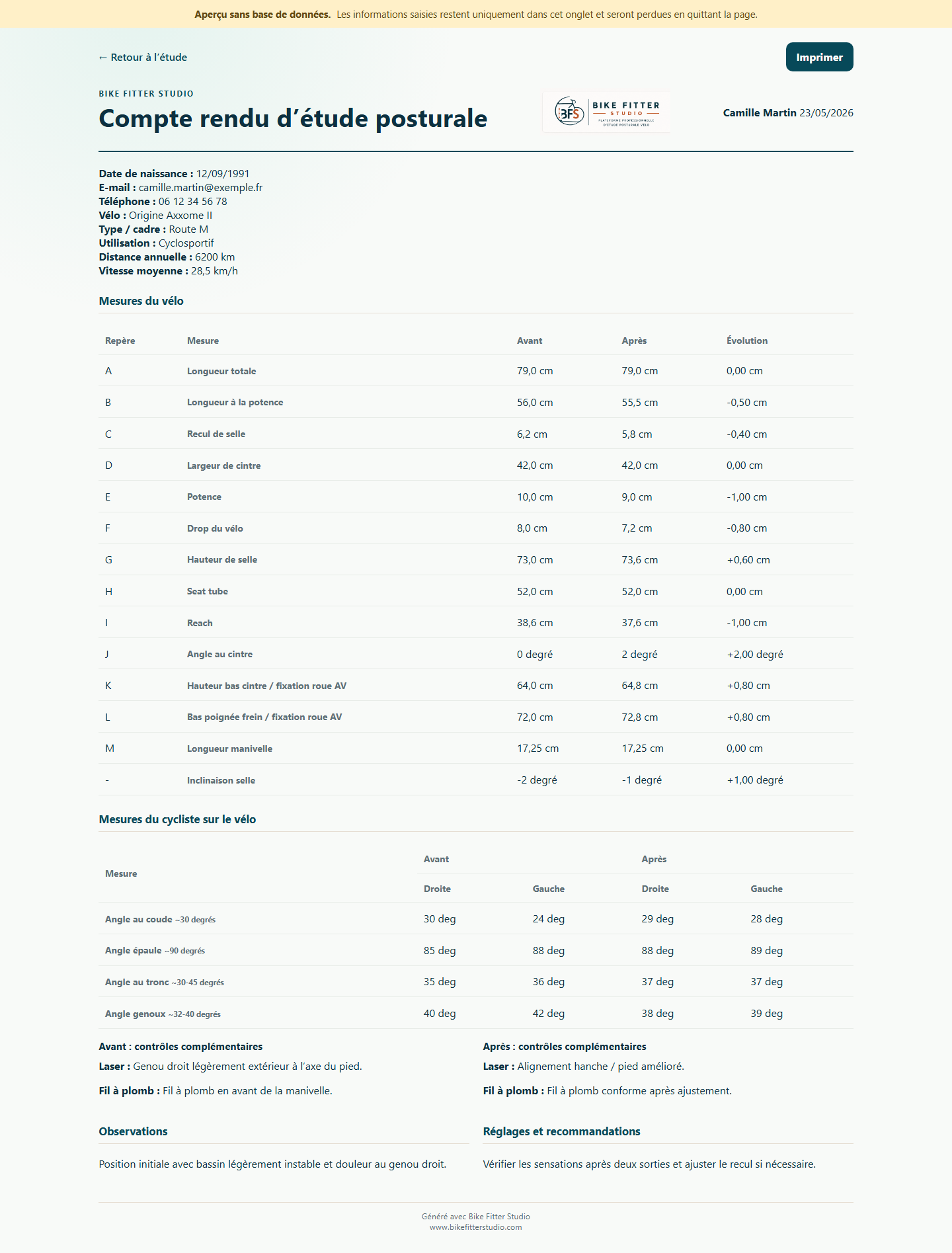 PDF-Bericht in Bike Fitter Studio